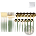 Green gold stainless steel 24-piece cutlery set with polished metallic heads and matte olive-green handles