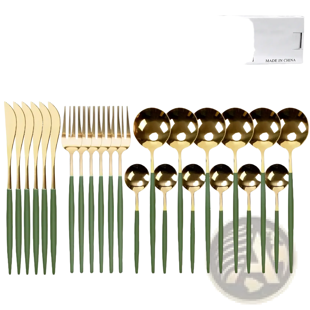 Green gold stainless steel 24-piece cutlery set with polished metallic heads and matte olive-green handles