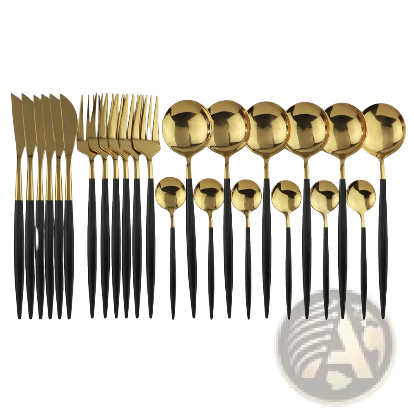 Elegant gold stainless steel 24pc cutlery set with sleek black two-tone design for modern table settings