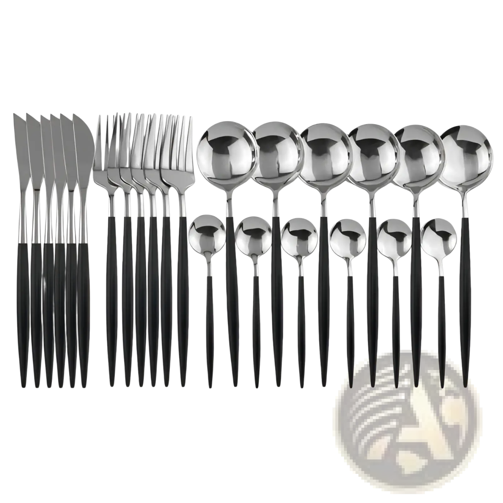 Gold stainless steel cutlery 24pc pink two-tone set with sleek black handles and polished silver blades arranged neatly
