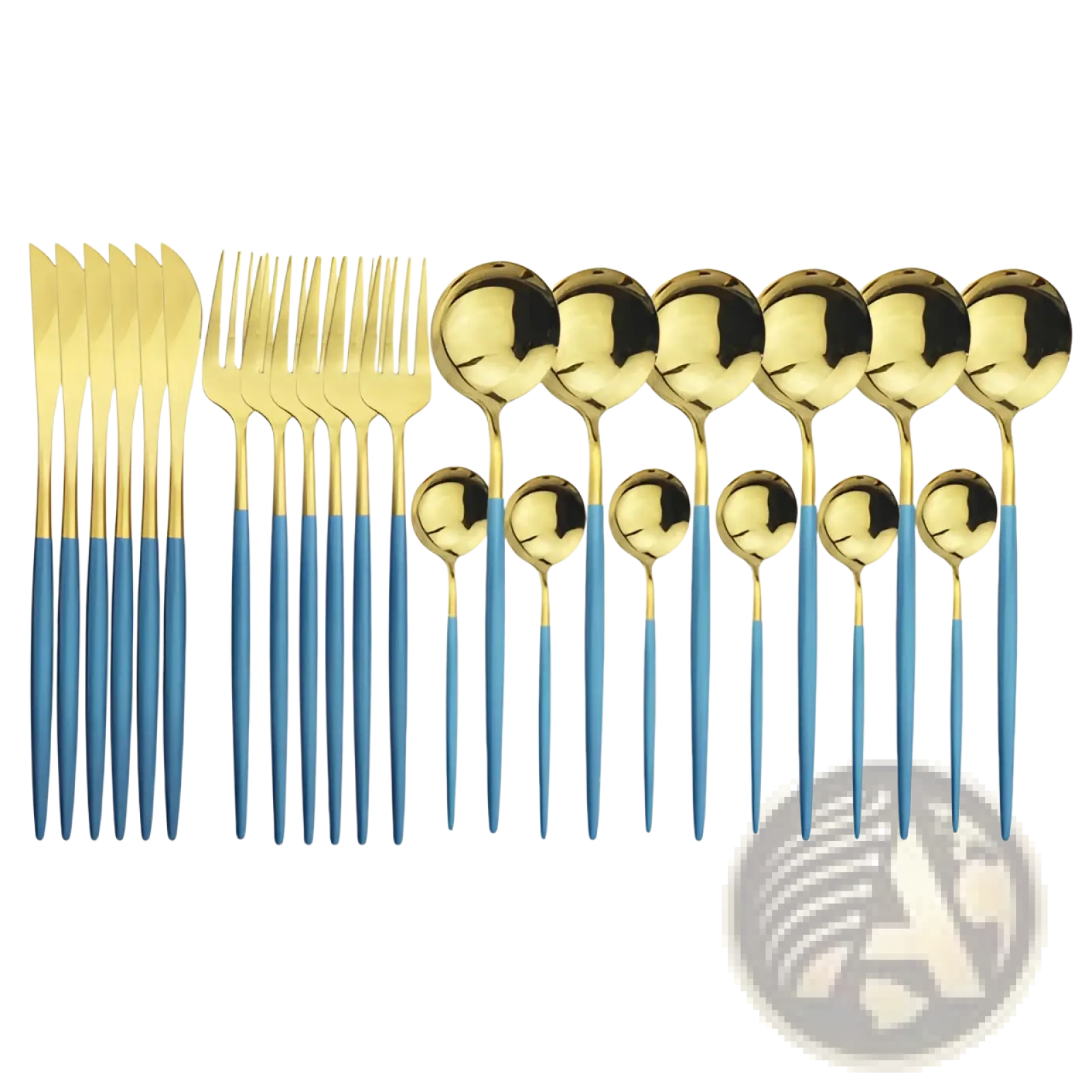 Gold stainless steel 24pc two-tone cutlery set featuring gold and blue sleek modern design for dining use