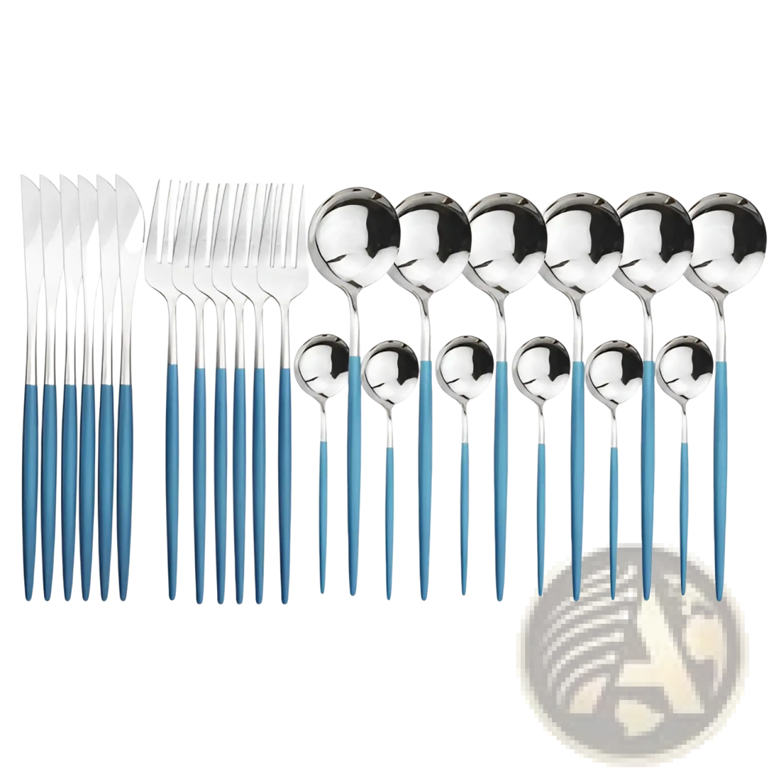 Set of 24-piece stainless steel cutlery with blue handles in a gold stainless steel pink two-tone design