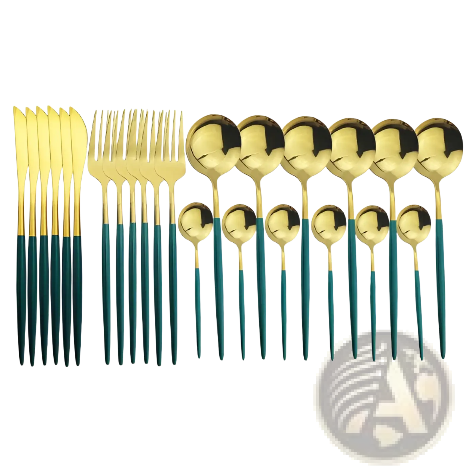 Gold and teal two-tone stainless steel 24-piece dinnerware set featured in gold stainless steel cutlery 24pc pink two-tone set