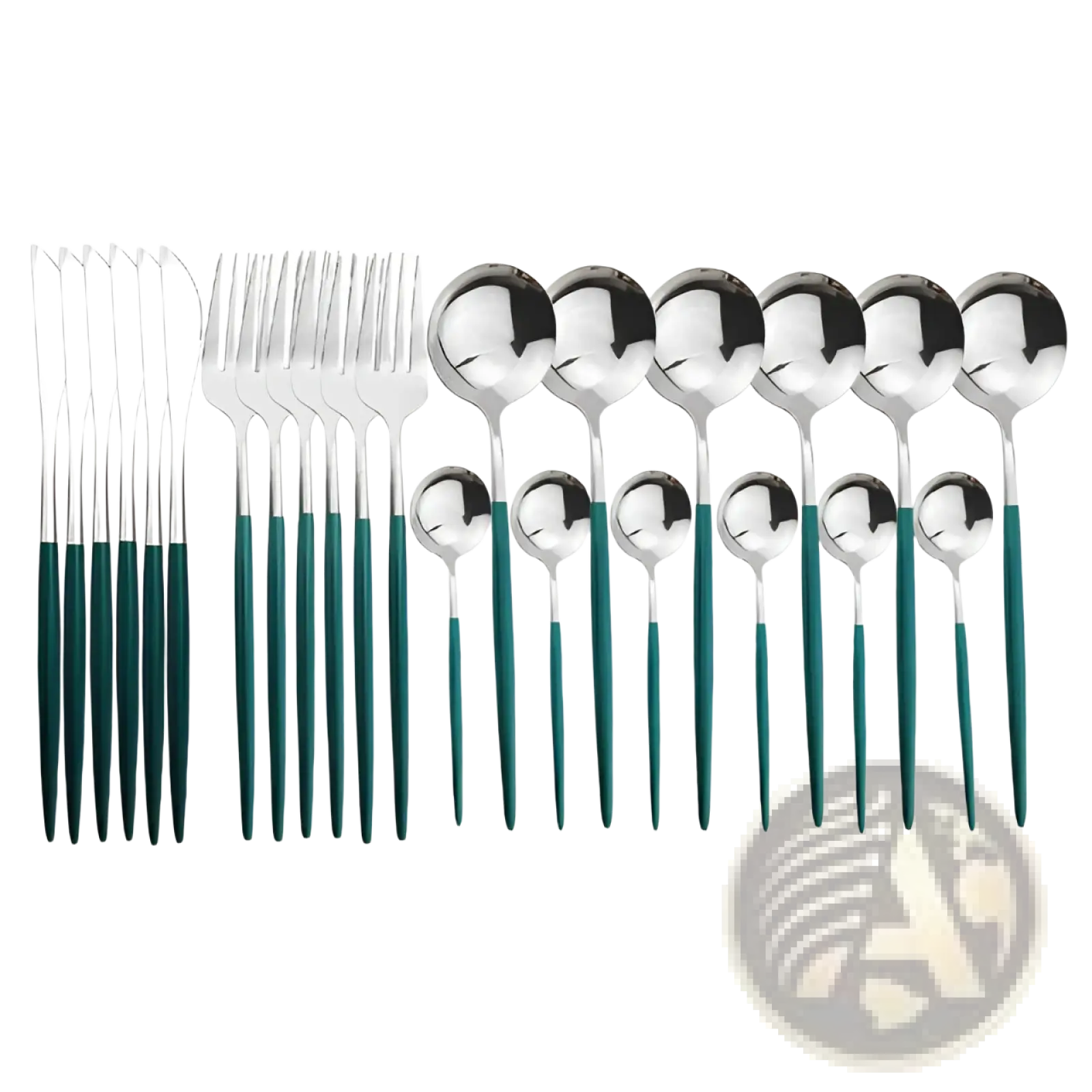 Set of 24-piece gold stainless steel cutlery with sleek green handles in a two-tone design for elegant dining
