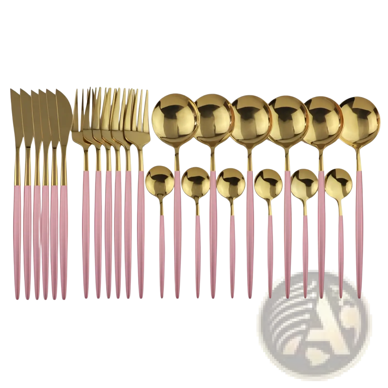 Elegant gold stainless steel 24pc cutlery set with sleek pink two-tone polished heads and matte handles