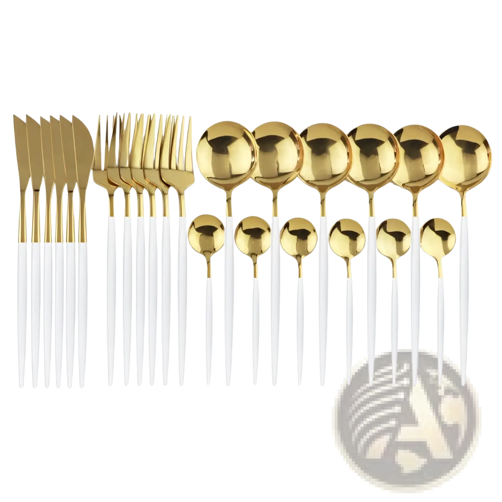Gold stainless steel 24-piece cutlery set with sleek modern design in gold and white two-tone finish