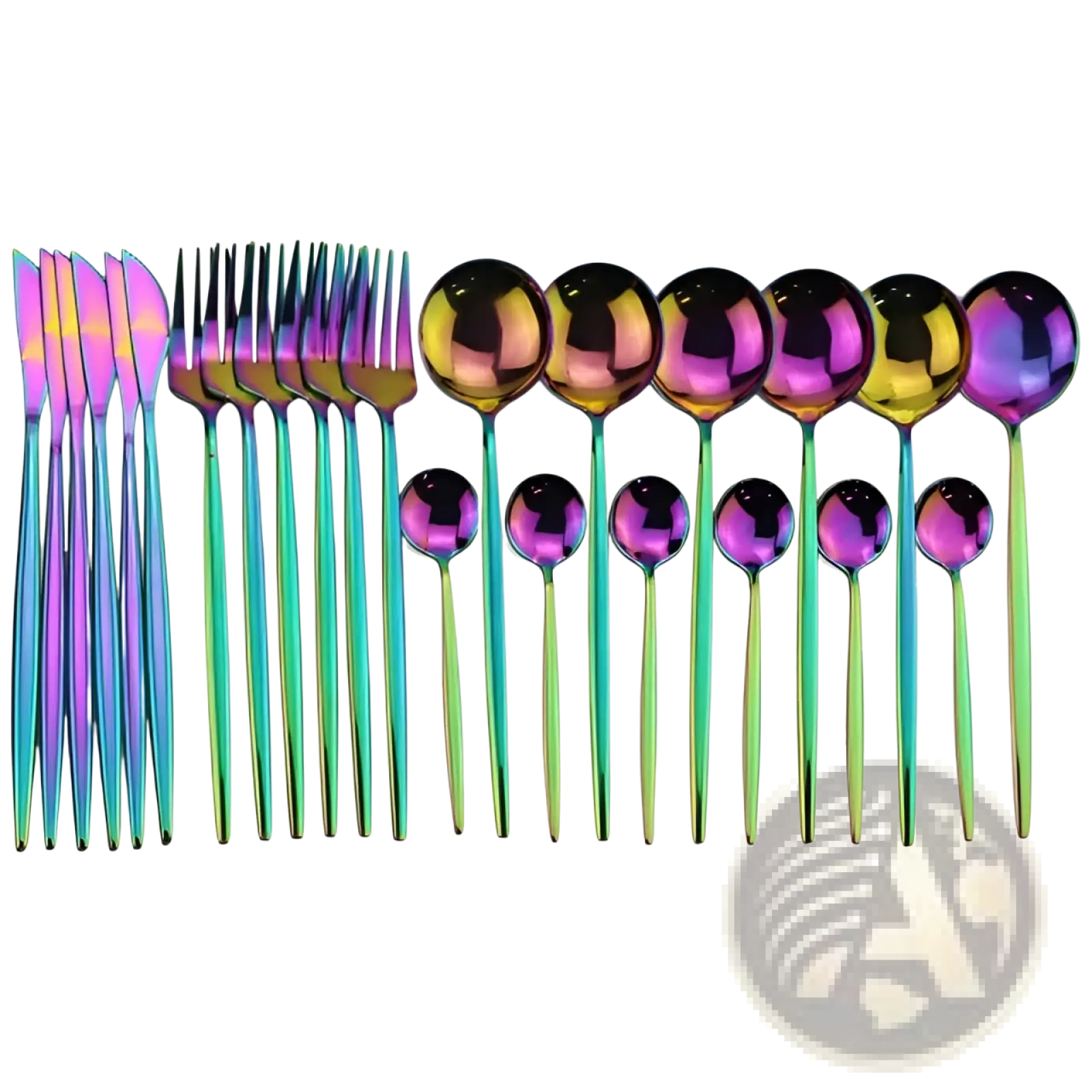 Iridescent rainbow-finished stainless steel 24-piece dinnerware set with sleek modern design in gold pink two-tone