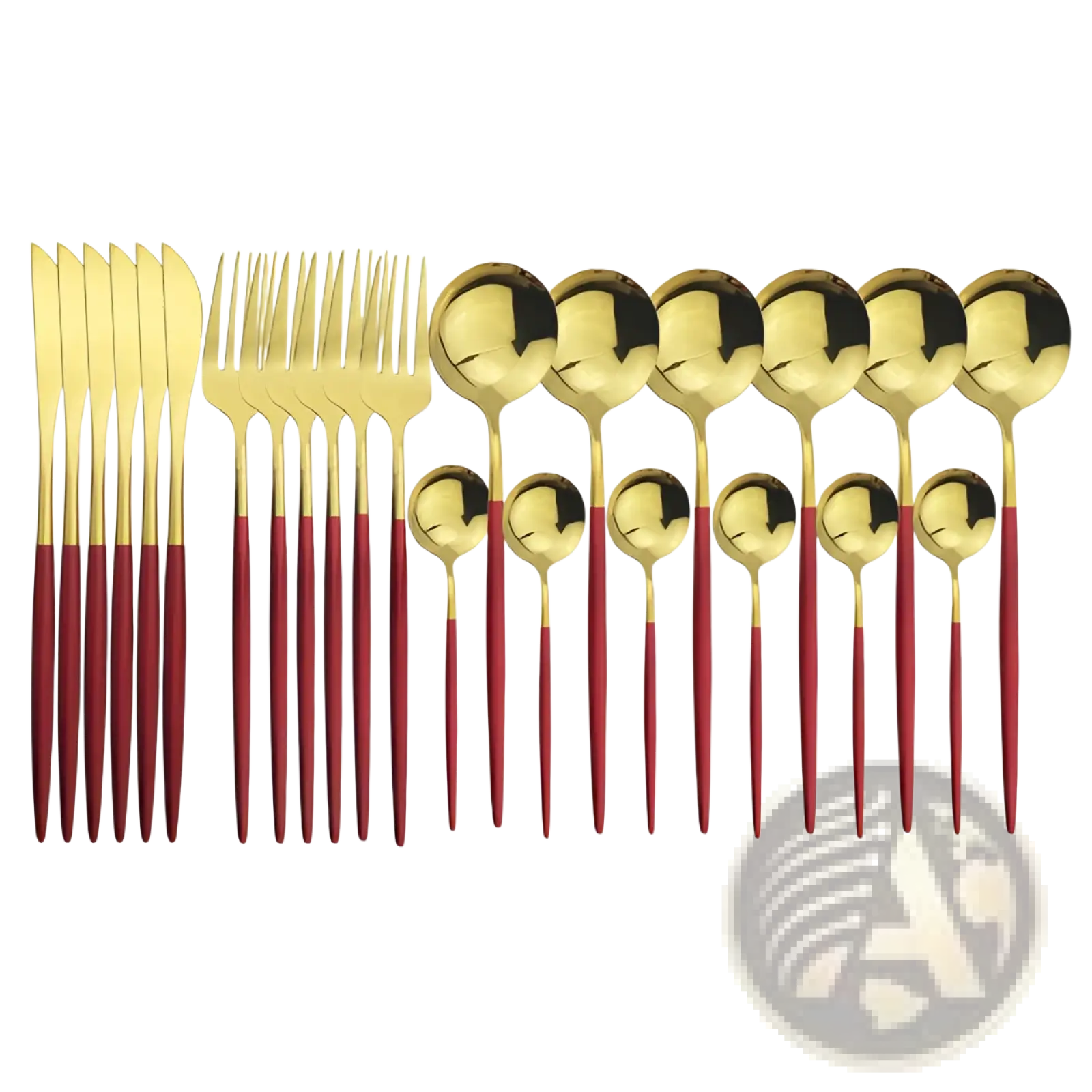 Elegant gold and red two-tone gold stainless steel 24pc cutlery set with sleek modern design