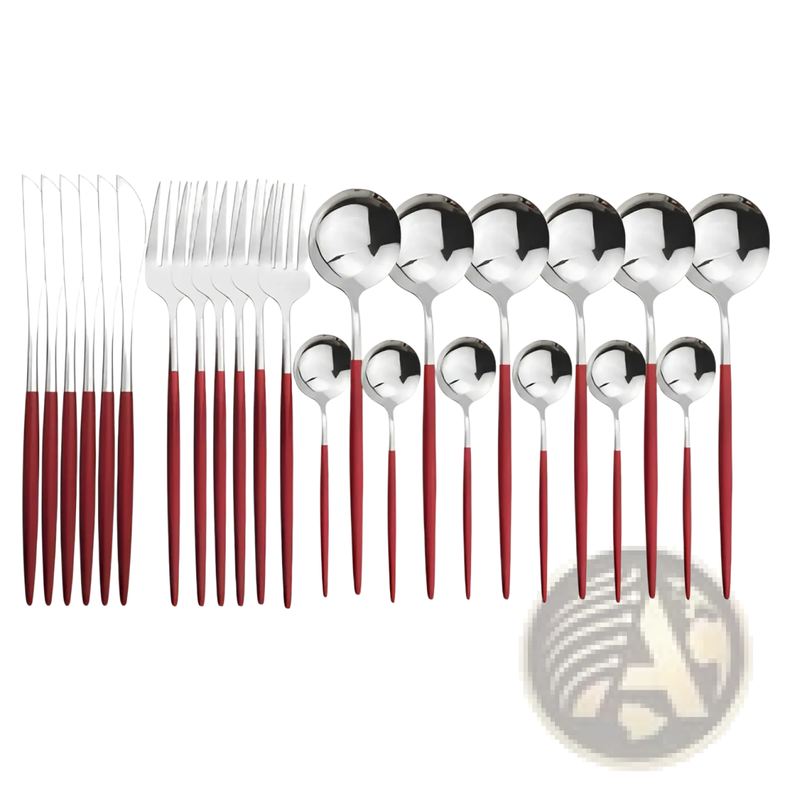 Set of 24-piece stainless steel cutlery with sleek red handles and polished silver blades in gold stainless steel pink set