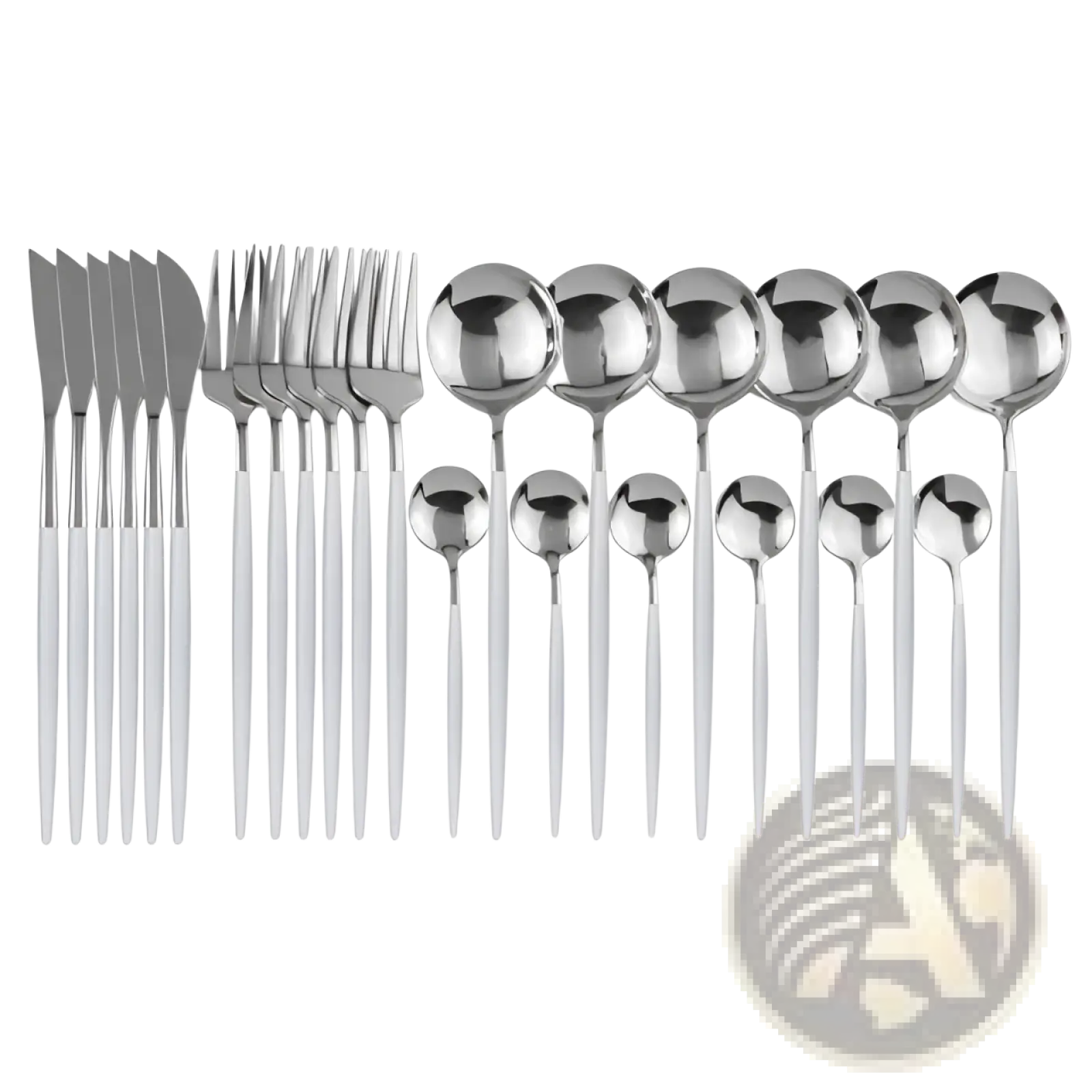 Gold stainless steel cutlery 24pc pink two-tone set with white handles and polished metallic blades displayed