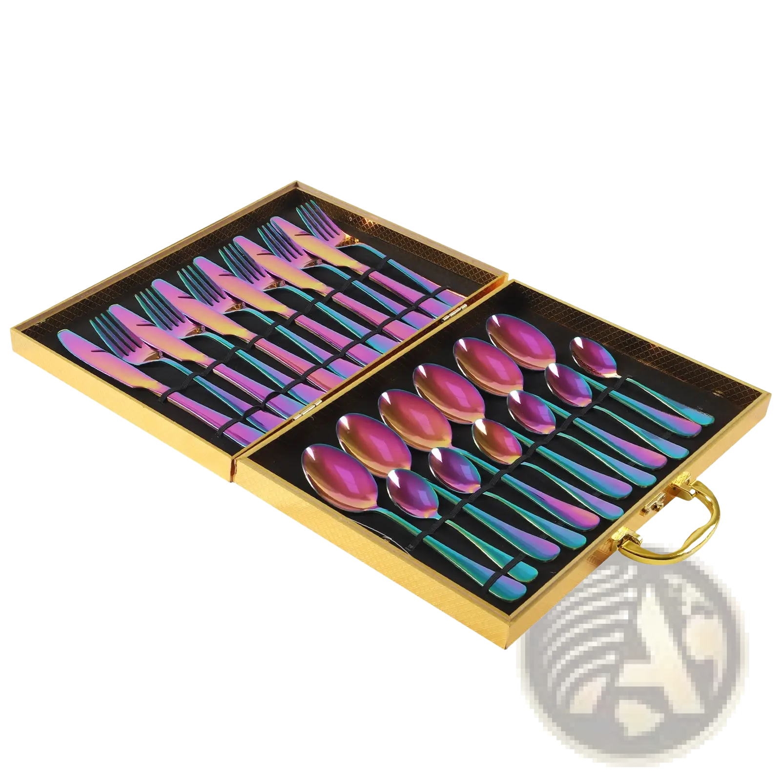 Gold stainless steel cutlery set 24 piece tableware with iridescent rainbow finish in a gold-trimmed presentation box