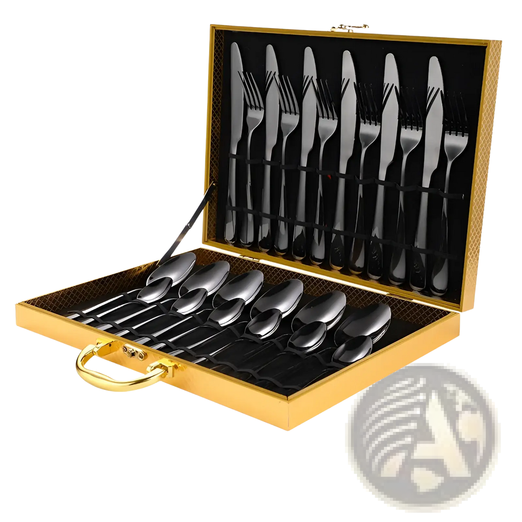 Elegant black stainless steel cutlery set neatly arranged in a luxurious gold-finished carrying case 24 piece tableware