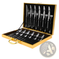 Elegant black stainless steel cutlery set neatly arranged in a luxurious gold-finished carrying case 24 piece tableware