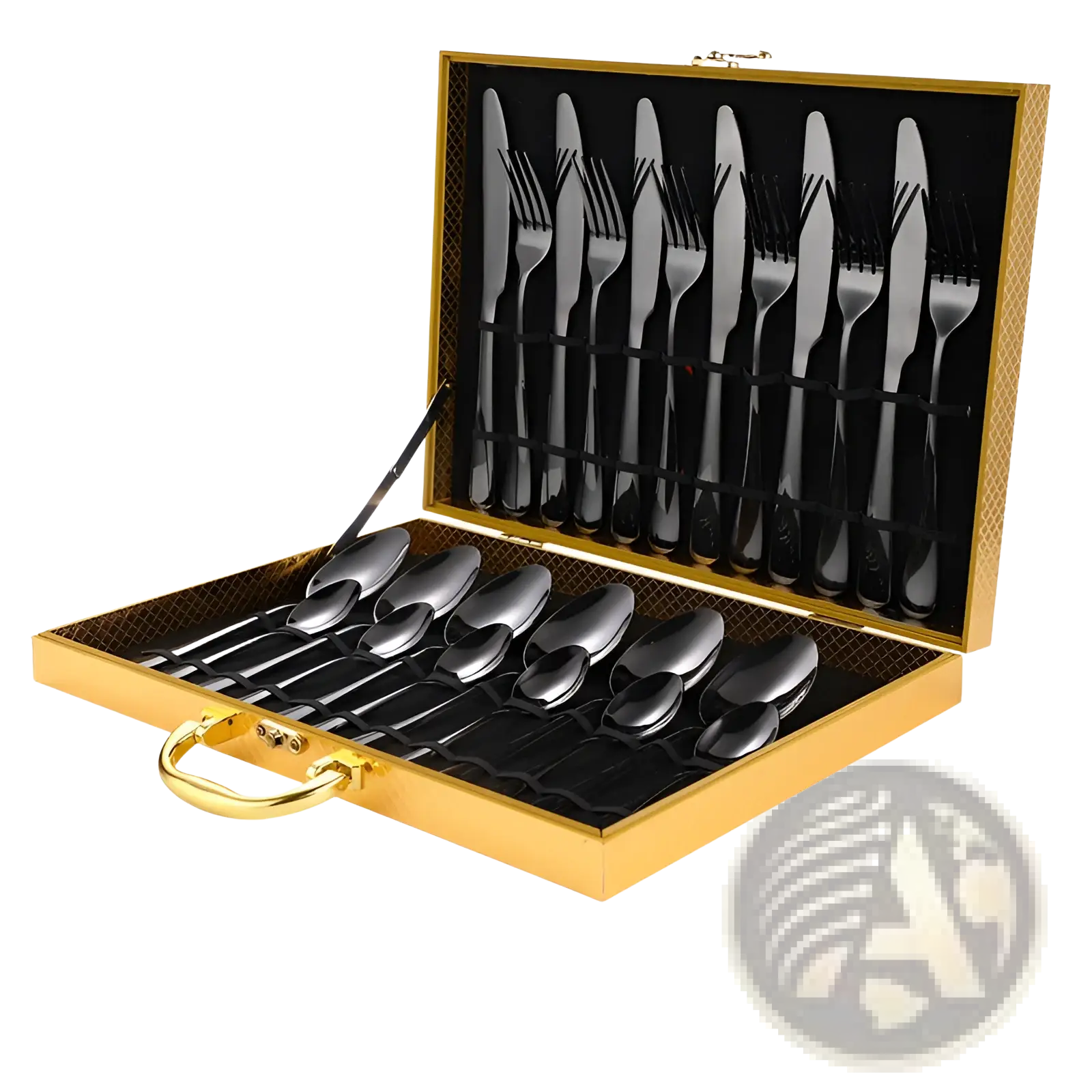 Elegant black stainless steel cutlery set neatly arranged in a luxurious gold-finished carrying case 24 piece tableware