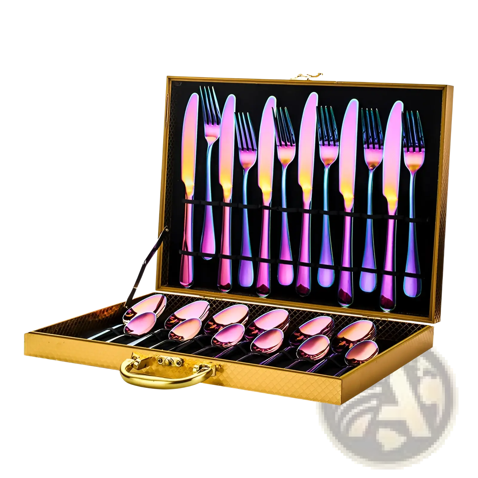 Gold stainless steel cutlery set 24 piece tableware with iridescent finish in a gold trimmed presentation case