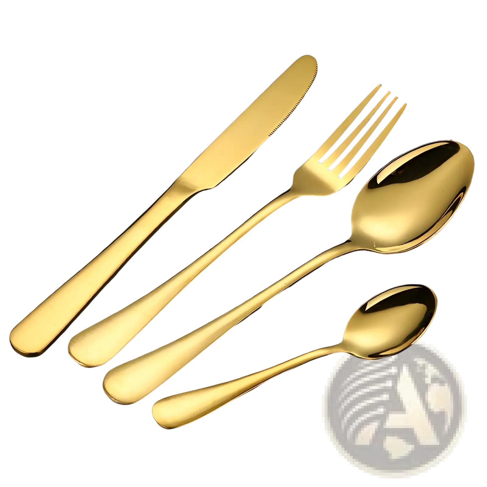 Gold stainless steel cutlery set featuring a knife fork and two spoons with sleek modern handles for tableware use