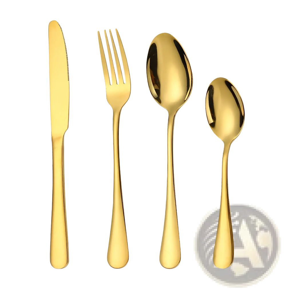 Gold stainless steel cutlery set 24 piece tableware with sleek modern design and polished golden surfaces