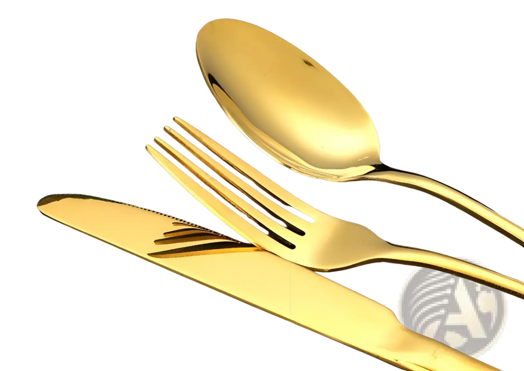 Gold stainless steel cutlery set 24 piece tableware with sleek modern design and polished gold surfaces