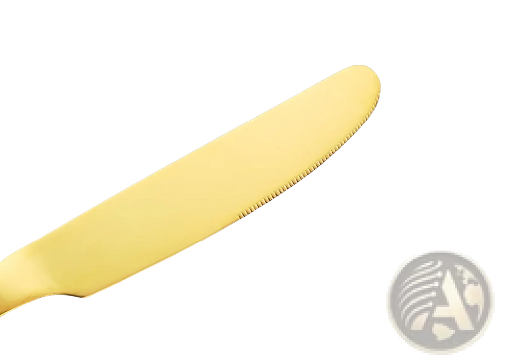 A sleek golden-yellow stainless steel dinner knife with serrated edge and polished finish from gold cutlery set