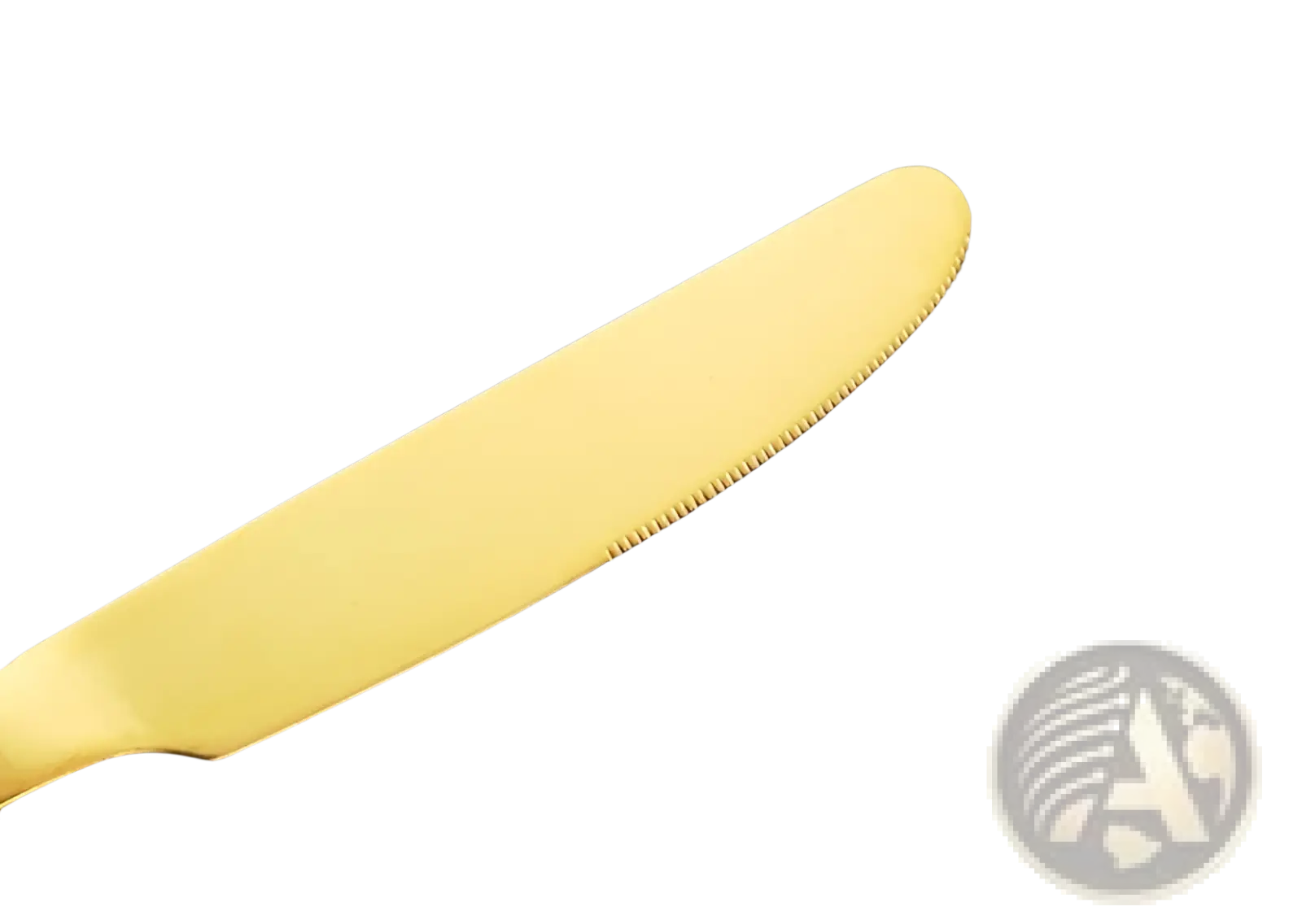 A sleek golden-yellow stainless steel dinner knife with serrated edge and polished finish from gold cutlery set