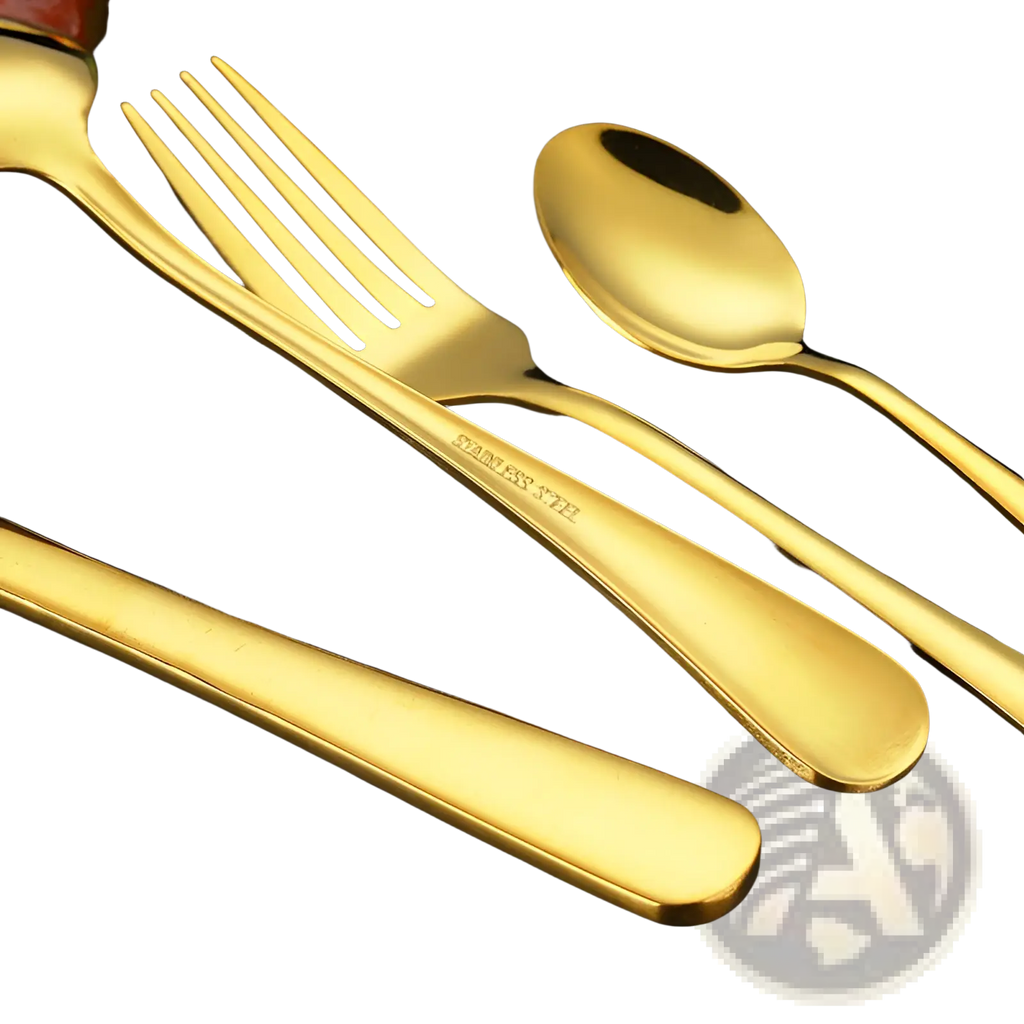 Gold stainless steel cutlery set with polished handles featuring fork spoon and knife in a 24 piece tableware set