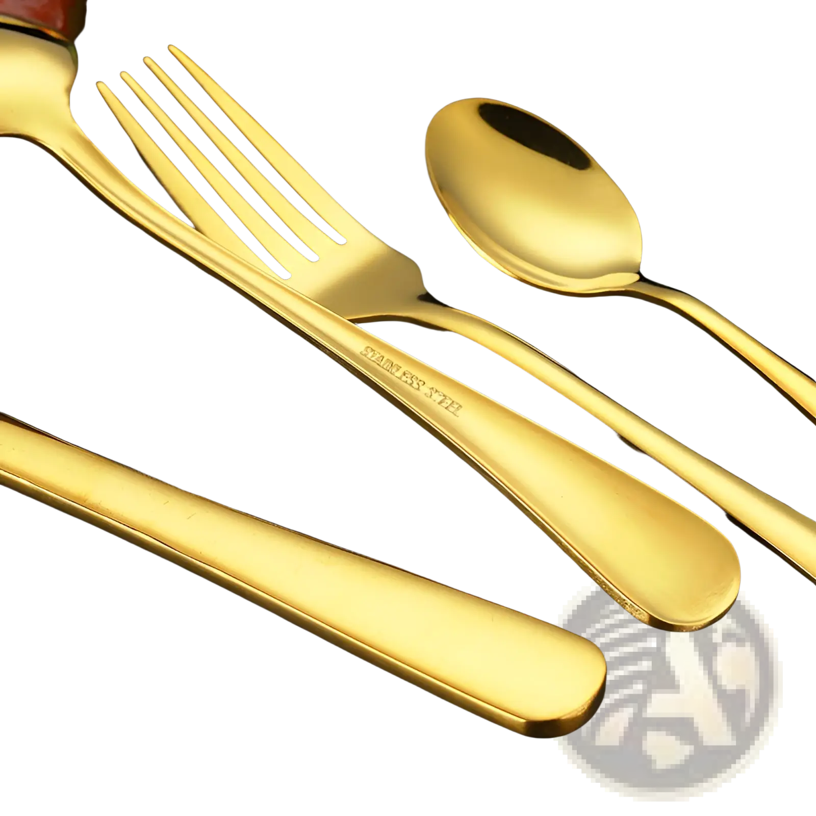 Gold stainless steel cutlery set with polished handles featuring fork spoon and knife in a 24 piece tableware set