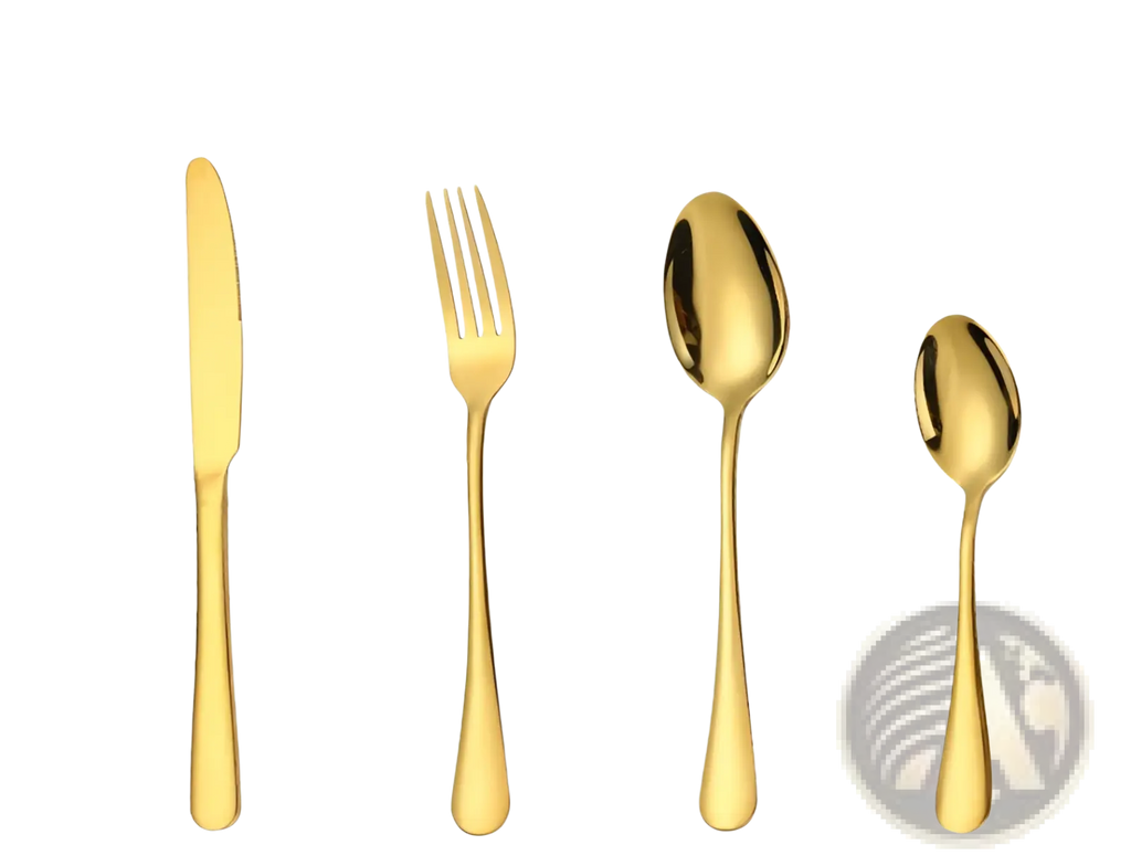 Gold stainless steel cutlery set featuring knife fork and two spoons with sleek modern designs for tableware use