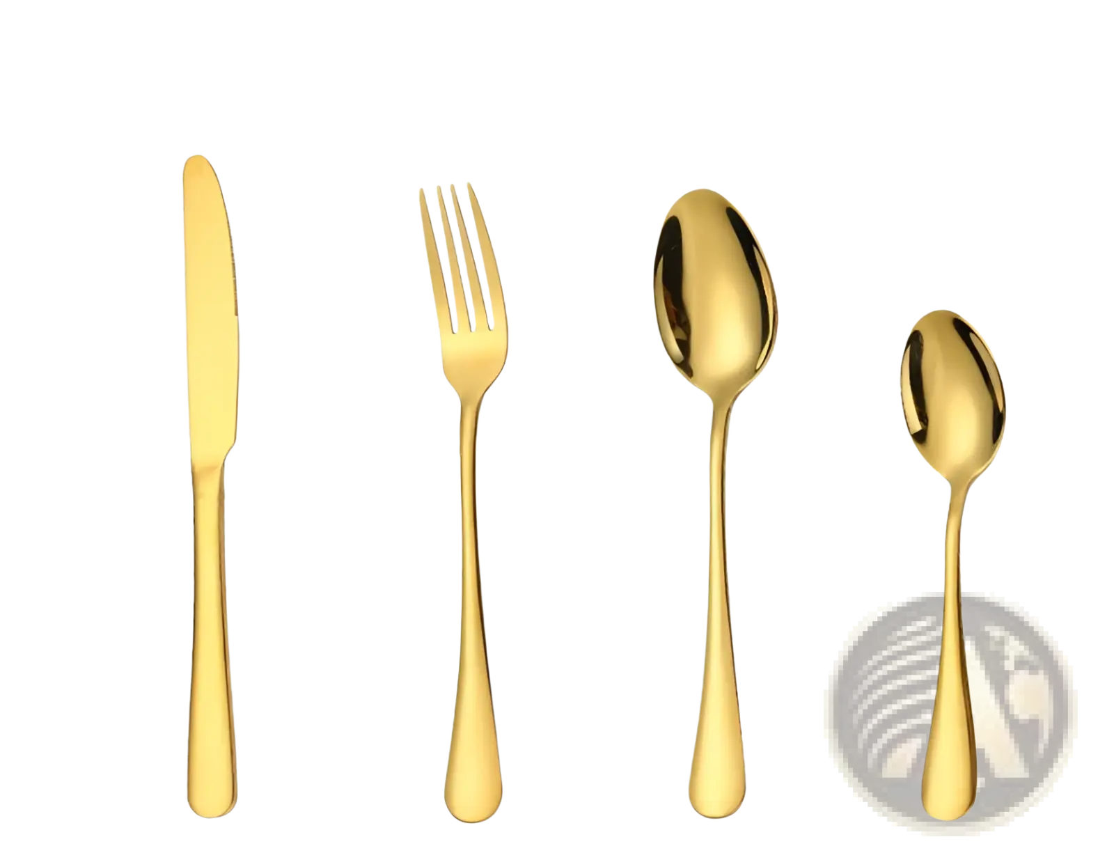 Gold stainless steel cutlery set featuring knife fork and two spoons with sleek modern designs for tableware use