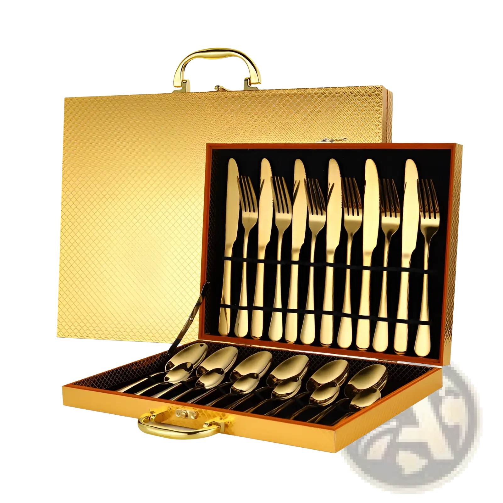 Gold stainless steel cutlery set 24 piece tableware with gold finish in matching gold trimmed presentation case