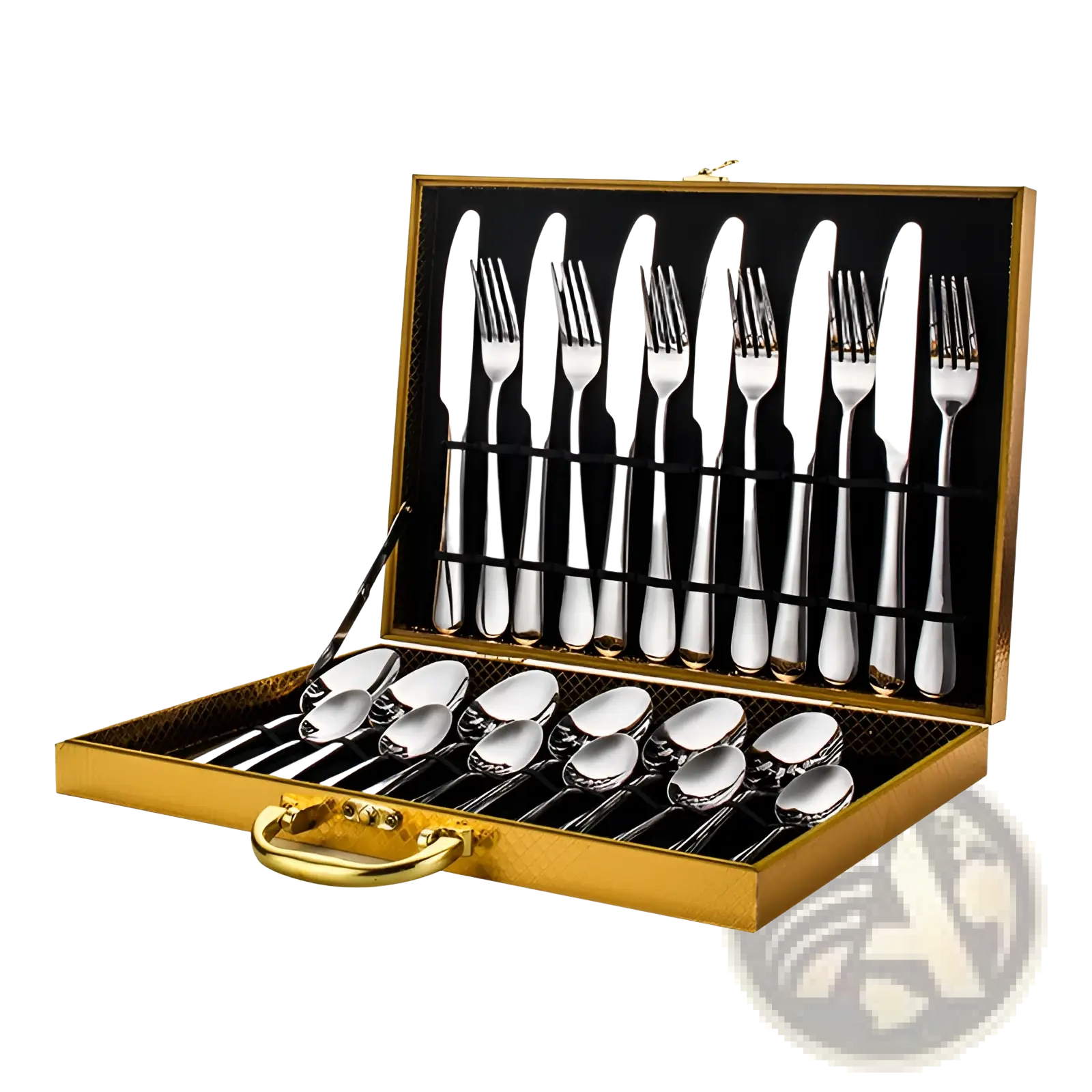 Shiny stainless steel 24 piece cutlery set neatly arranged in a gold-colored presentation case for tableware use