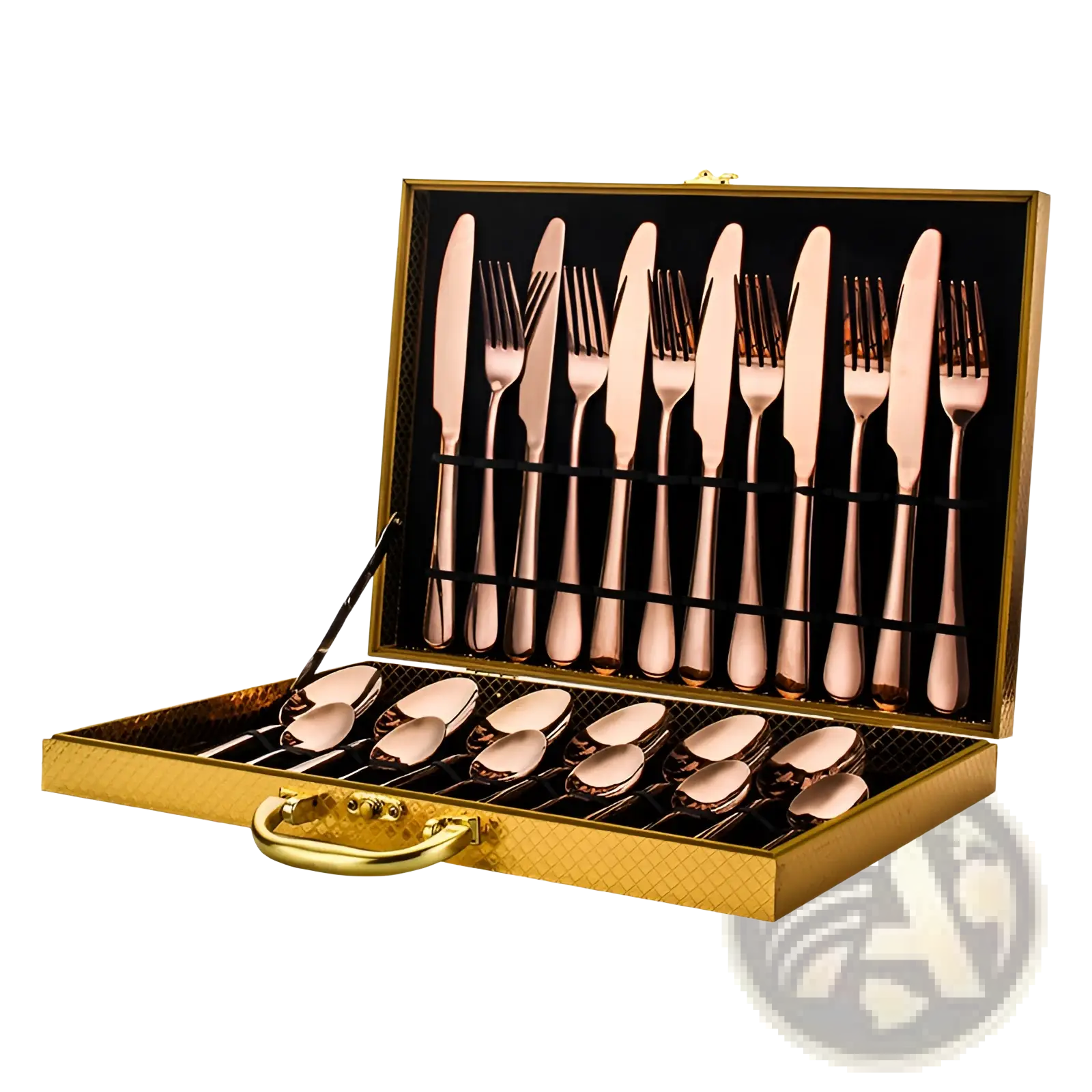Gold stainless steel 24 piece rose gold cutlery set in a luxury golden carrying case for tableware use