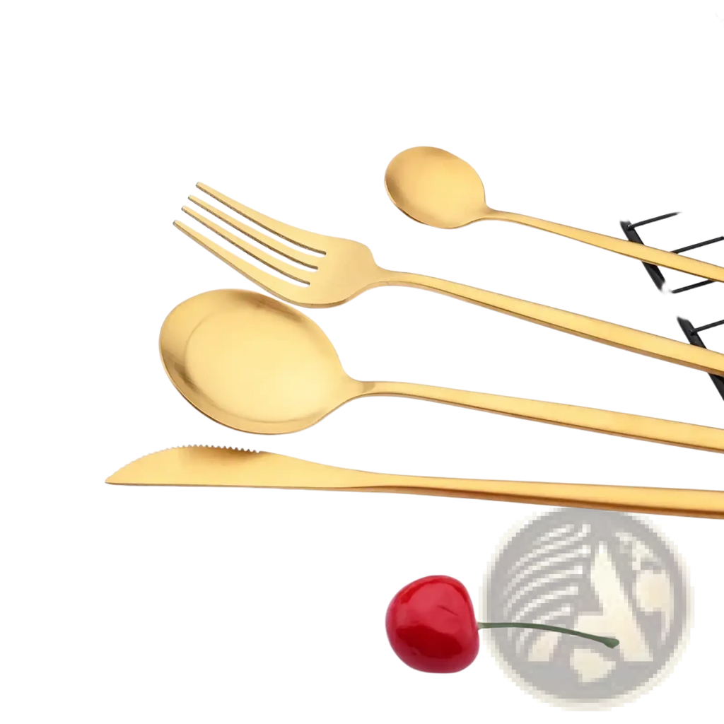 Gold stainless steel cutlery set featuring fork spoon and knife with sleek modern design in gold color