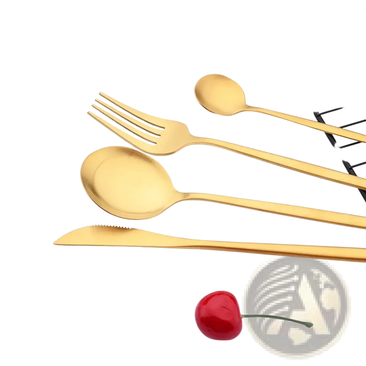 Gold stainless steel cutlery set featuring fork spoon and knife with sleek modern design in gold color