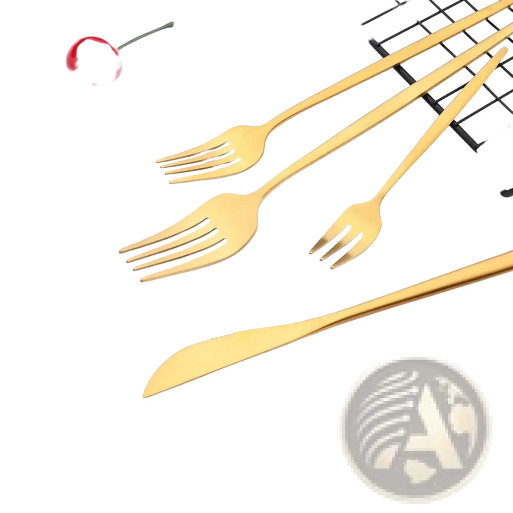 Set of elegant gold stainless steel cutlery including forks and a knife with sleek modern design