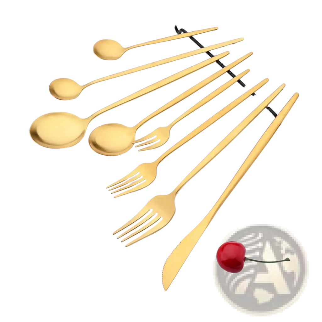 Set of elegant gold stainless steel cutlery with sleek modern design perfect for formal dining settings