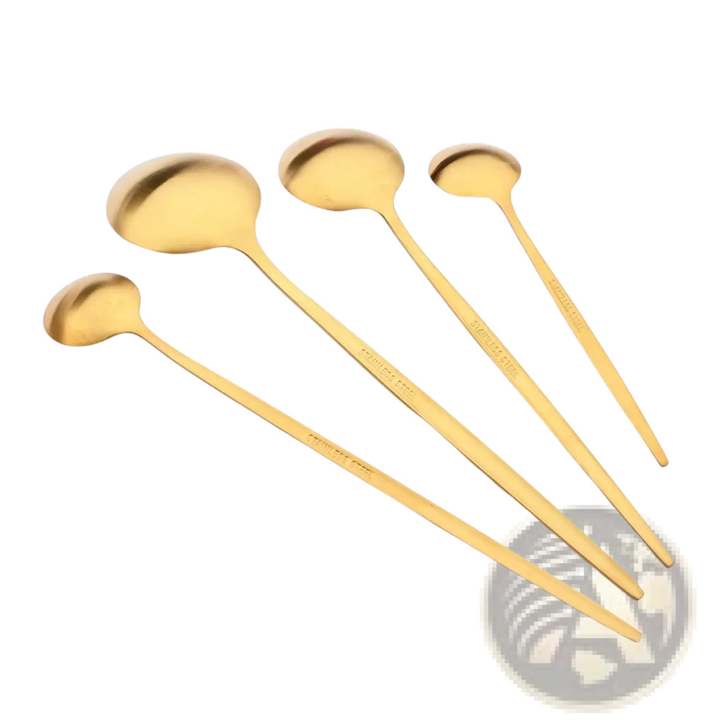 Set of four gold stainless steel spoons with sleek elongated handles and rounded bowls for dining use