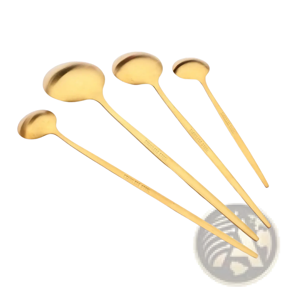 Set of four gold stainless steel spoons with sleek elongated handles and rounded bowls for dining use
