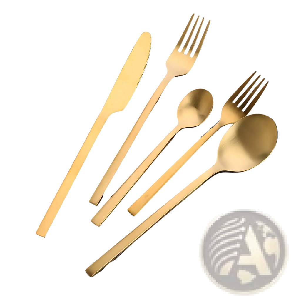 Gold stainless steel cutlery set with sleek modern design and matte gold finish for elegant dining use