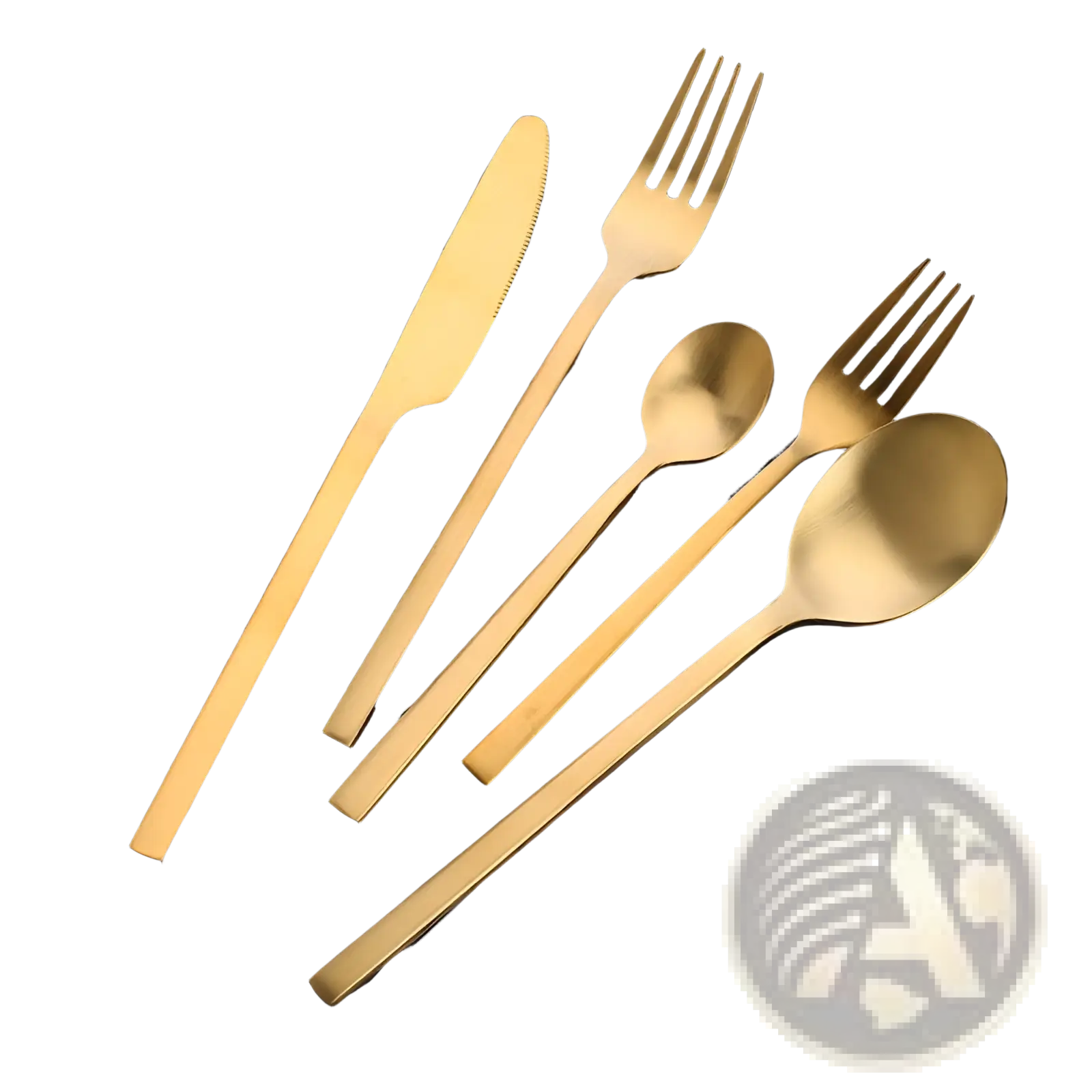 Gold stainless steel cutlery set with sleek modern design and matte gold finish for elegant dining use