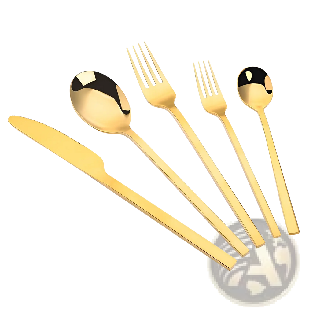 Gold stainless steel cutlery set with sleek modern design and reflective surfaces in a matte finish