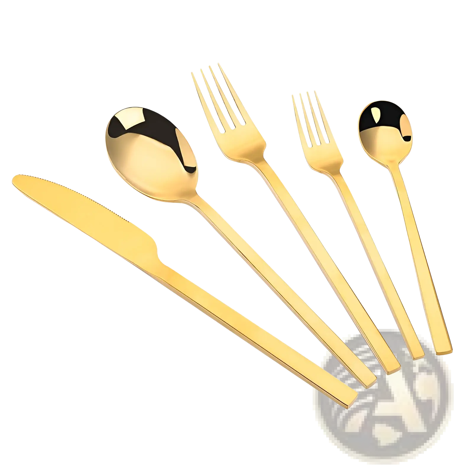 Gold stainless steel cutlery set with sleek modern design and reflective surfaces in a matte finish