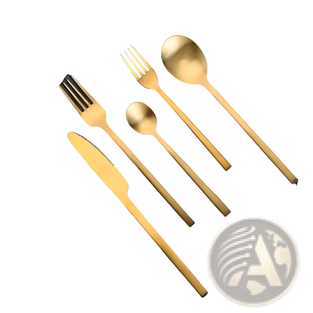Gold stainless steel cutlery set with a matte design featuring sleek and modern golden utensils