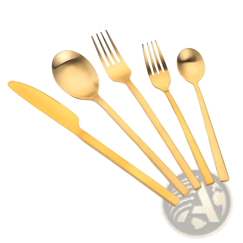 Gold stainless steel cutlery set with a matte and reflective finish featuring a sleek modern design