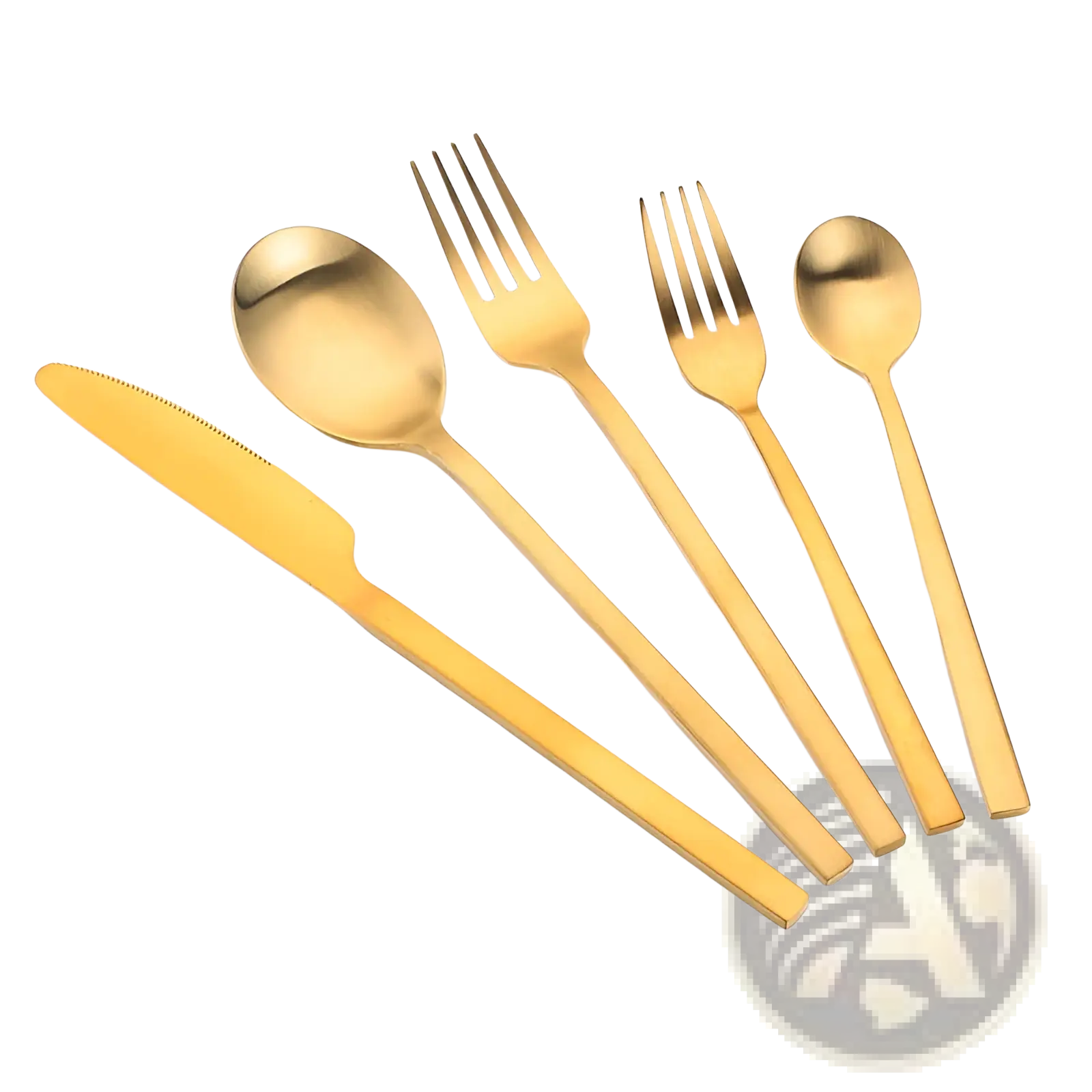 Gold stainless steel cutlery set with a matte and reflective finish featuring a sleek modern design