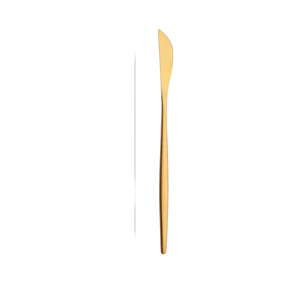 A sleek 22cm gold stainless steel butter knife with polished metallic finish and serrated edge from cutlery set