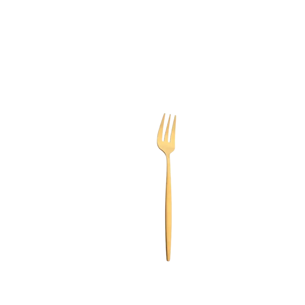 A gold stainless steel fork with a slender handle and three evenly spaced tines from a cutlery set