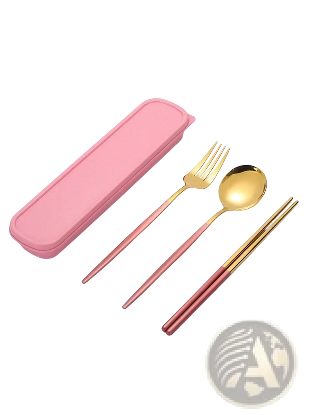 Gold and rose gold stainless steel fork spoon and chopsticks set in pink silicone storage case for travel use