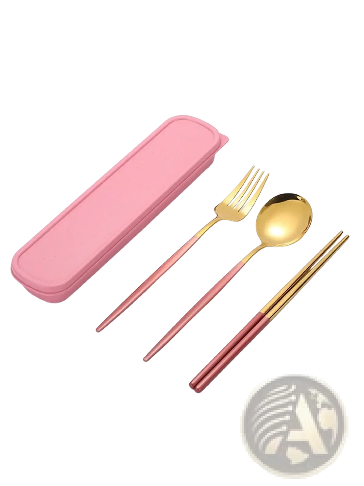 Gold and rose gold stainless steel fork spoon and chopsticks set in pink silicone storage case for travel use
