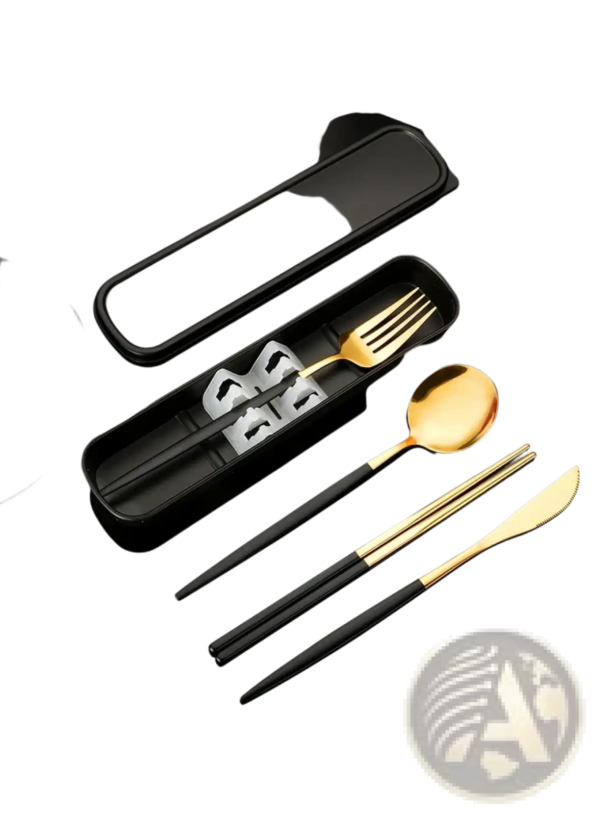 Gold stainless steel cutlery set with black and gold modern travel utensils and compact storage case