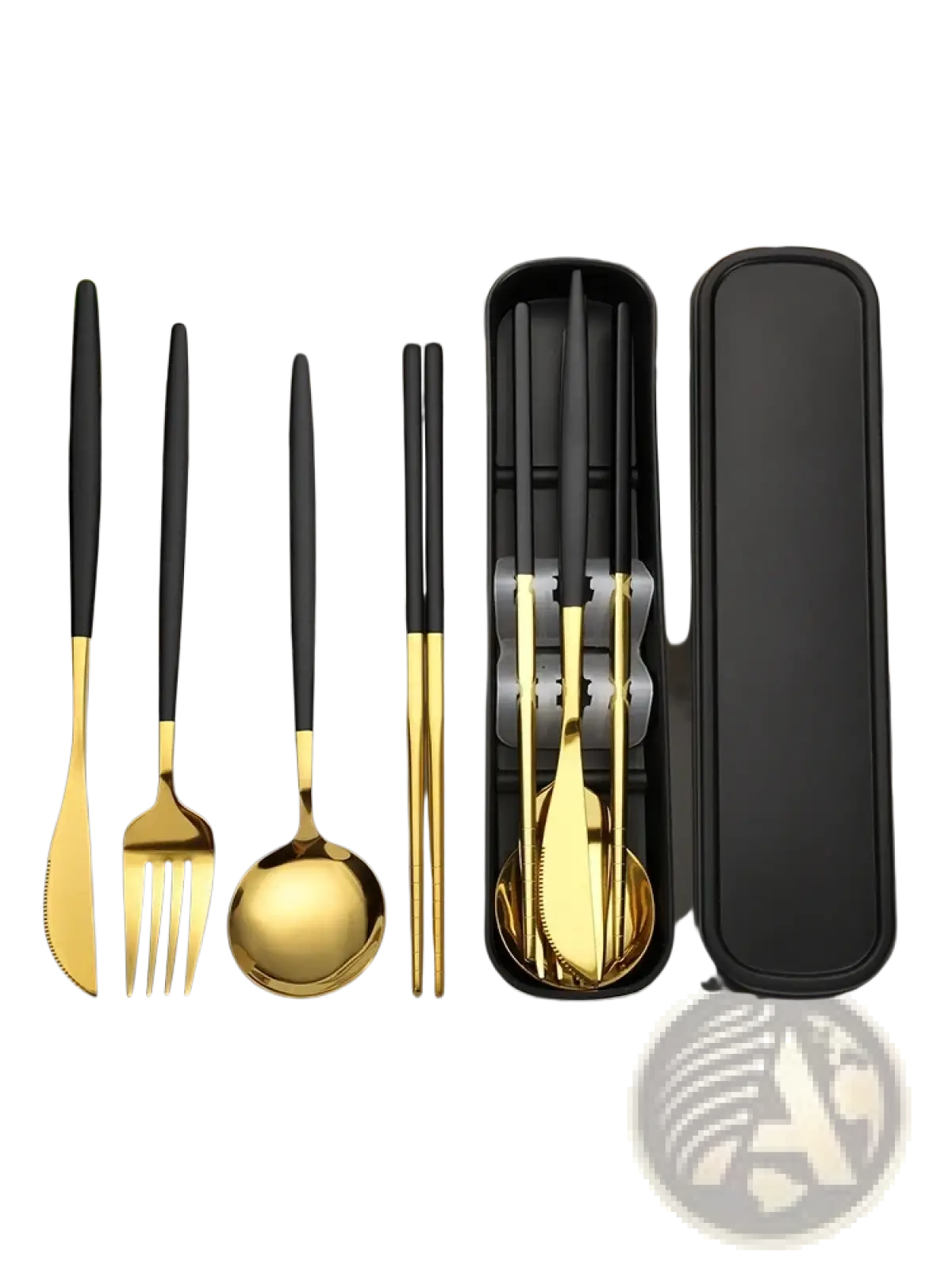 Gold stainless steel cutlery set with gold and black utensils in a sleek black carrying case for convenient storage